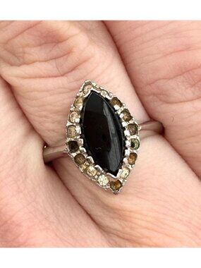 Art Deco Black Onyx & CZ Multi Gemstone Silver Toned Vintage Ring - sz 7